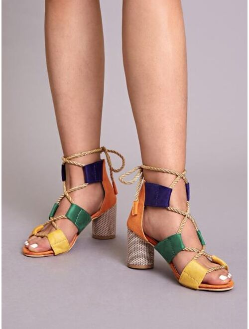 Shein Color Block Lace-up Back Chunky Heels