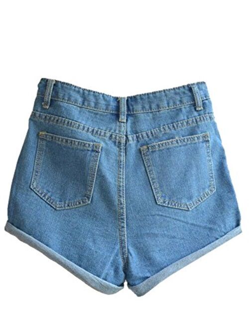 Haola Women's Juniors Vintage Denim High Waisted Folded Hem Jeans Shorts