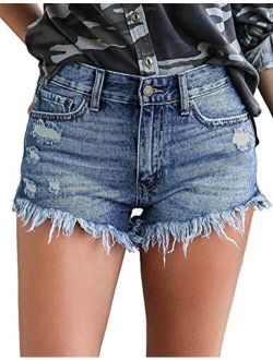 MODARANI Cut Off Denim Shorts for Women Frayed Distressed Jean Short Cute Mid Rise Ripped Hot Shorts Comfy Stretchy
