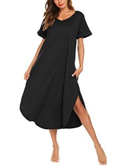 AVIIER Women's Long Nightgown Cotton V Neck Sleepwear Short Sleeve Loungewear