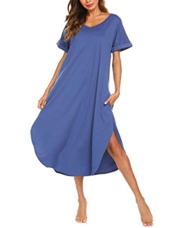 FINEJO Womens Loungewear Nightgown Striped Sleepdress Long Sleeves Boyfriend Nightshirts Soft Button House Coat S-XXL