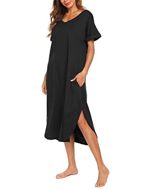AVIIER Women's Long Nightgown Cotton V Neck Sleepwear Short Sleeve Loungewear