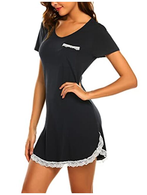 Ekouaer Sleepwear Womens Nightgown Sexy Sleep Shirt Dress V Neck Short Sleeve Lace Trim Soft Nightshirt (XS-3XL)