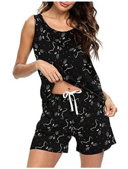 ENJOYNIGHT Women's Cute Sleeveless Print Tee and Shorts Sleepwear Tank Top Pajama Set