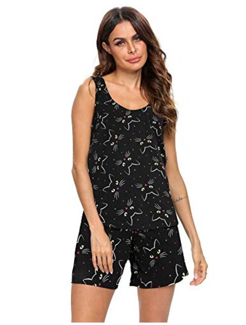 ENJOYNIGHT Women's Cute Sleeveless Print Tee and Shorts Sleepwear Tank Top Pajama Set