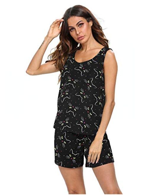 ENJOYNIGHT Women's Cute Sleeveless Print Tee and Shorts Sleepwear Tank Top Pajama Set