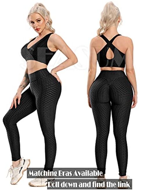 Seasum Womens Ribbed Yoga Active Leggings - High Waist Workout Butt Push Up Pants Sports Textured Stretchy Tights
