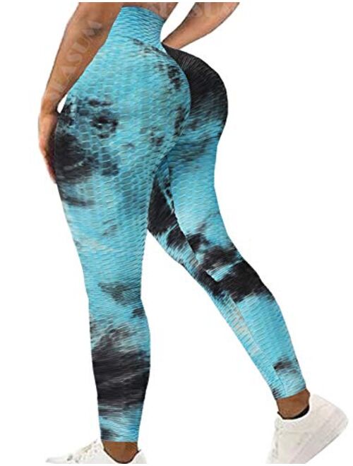 Seasum Womens Ribbed Yoga Active Leggings - High Waist Workout Butt Push Up Pants Sports Textured Stretchy Tights
