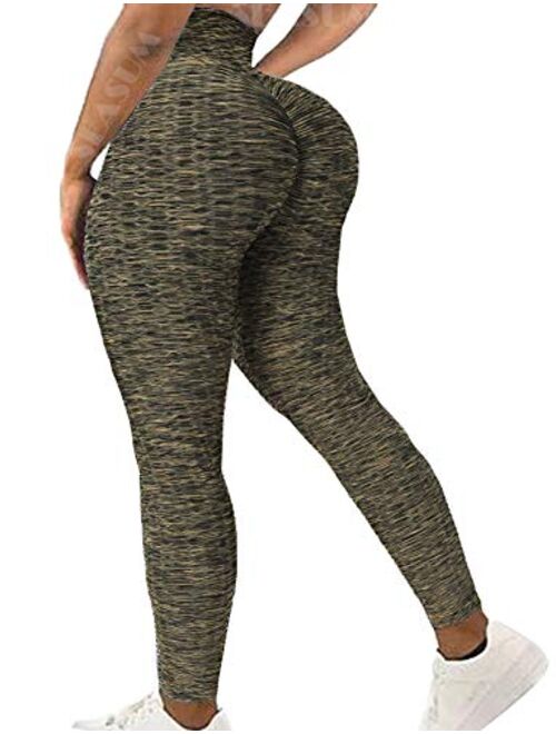 Seasum Womens Ribbed Yoga Active Leggings - High Waist Workout Butt Push Up Pants Sports Textured Stretchy Tights