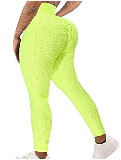 Seasum Womens Ribbed Yoga Active Leggings - High Waist Workout Butt Push Up Pants Sports Textured Stretchy Tights