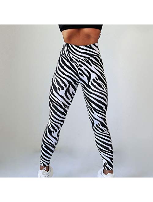 Kalmstore Women's Black & White Zebra Stripes Print Sexy Butt Lifting Running Sports Fitness Yoga Pants