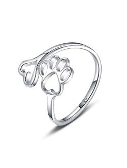 Puppy Pet Lovers Paw Print Love Heart 925 Sterling Silver Ring Open Adjustable Ring Pet Animal Jewelry Creative Pierced Love Dog Cat Claw Ring Pet Loving Friend and Famil