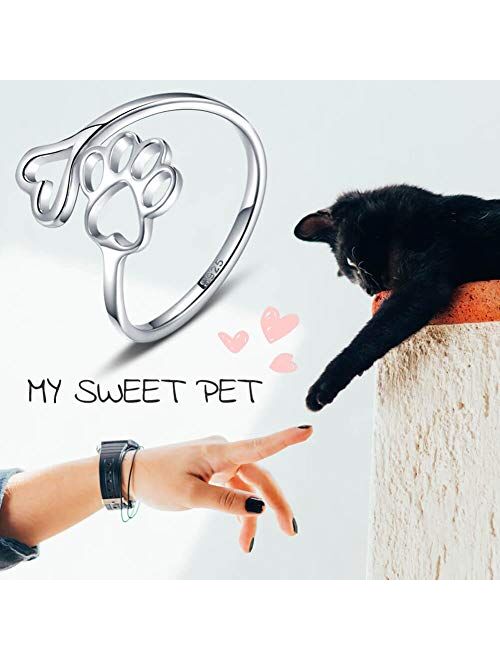 Puppy Pet Lovers Paw Print Love Heart 925 Sterling Silver Ring Open Adjustable Ring Pet Animal Jewelry Creative Pierced Love Dog Cat Claw Ring Pet Loving Friend and Famil