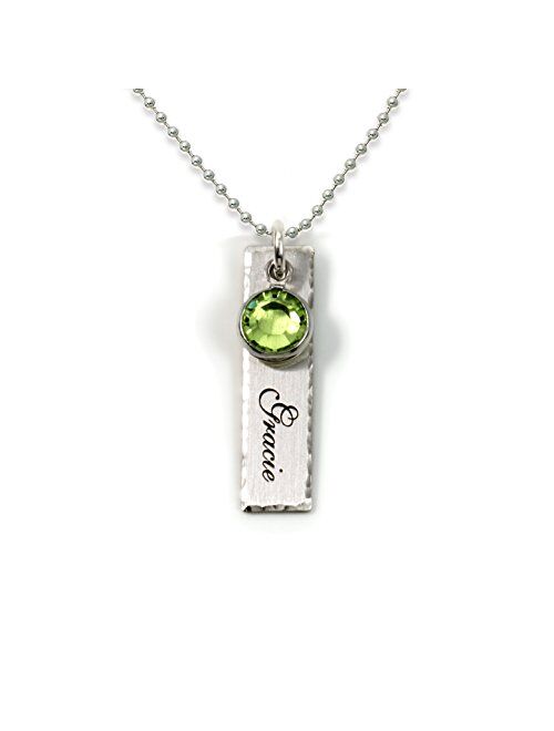 Single Edge-Hammered Personalized Charm Necklace. Customize a Sterling Silver Rectangular Pendant with Name of Your Choice. Choose a Swarovski Birthstones, and 925 Chain.