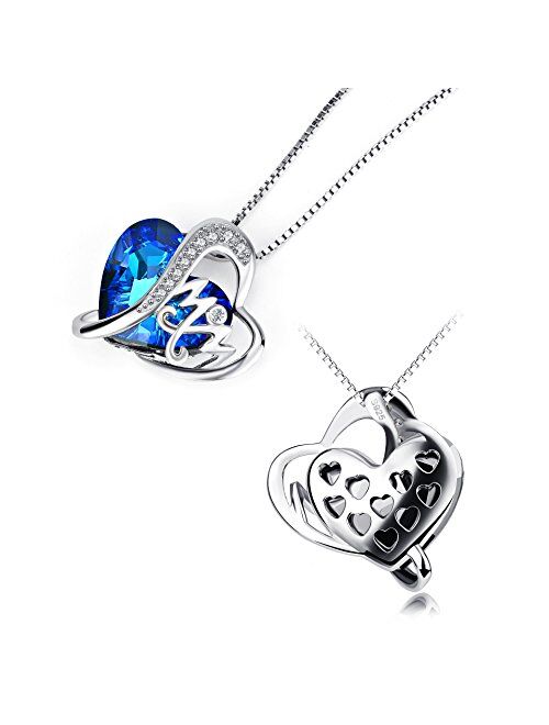 AOBOCO 925 Sterling Silver Mom Necklace with Blue Heart Swarovski Crystals Mothers Birthday Jewelry Gifts