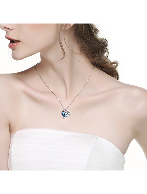 AOBOCO 925 Sterling Silver Mom Necklace with Blue Heart Swarovski Crystals Mothers Birthday Jewelry Gifts
