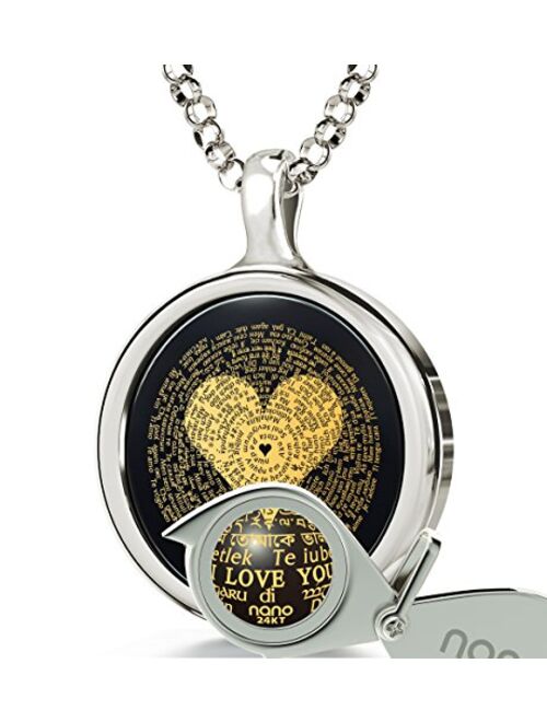 I Love You Necklace 24k Gold Inscribed in 120 Languages Including Braille and Sign Language in Miniature Text onto a Round Black Onyx Gemstone Pendant, 18" Rolo Chain