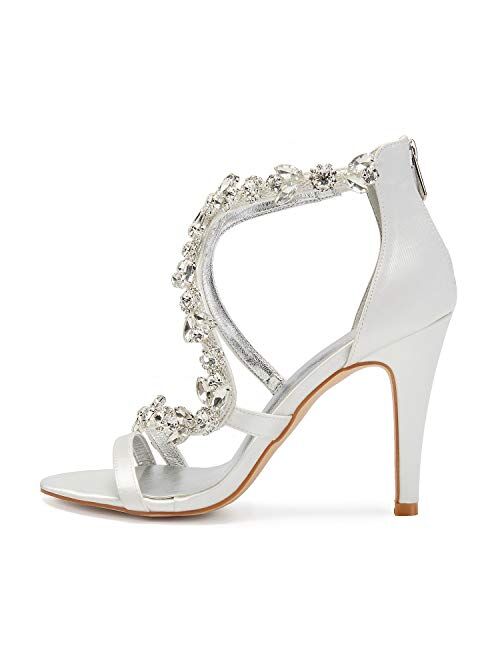 LLBubble Women High Heels Satin Crystals Wedding Bridal Sandals Open Toe Zipper Back Straps Prom Evening Formal Party Dress