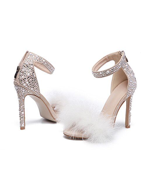 azmodo Women's Wedding Dress Party & Evening Stiletto Heel Pearl Fur Sandals