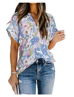 Allimy Women Summer Casual Split V Neckline Chiffon Blouses Loose Tunic Short Sleeve Tops