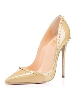 Women Pumps Pointed Toe High Heel Stilettos Rivets Studded Patent Leather Shoes Size 4-15 US