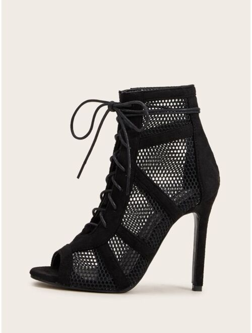 Shein Peep Toe Lace-up Front Mesh Stiletto Heels