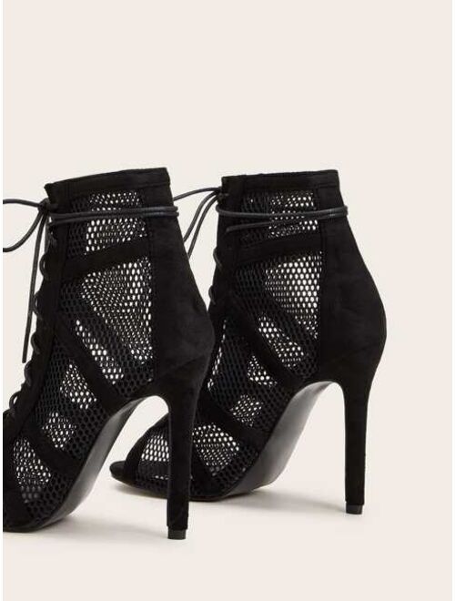 Shein Peep Toe Lace-up Front Mesh Stiletto Heels