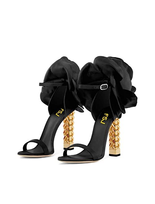 FSJ Women Flower Gold Metal Chain Chunky High Heels Ankle Strap Sandals Open Toe Fashion Shoes Size 4-15 US