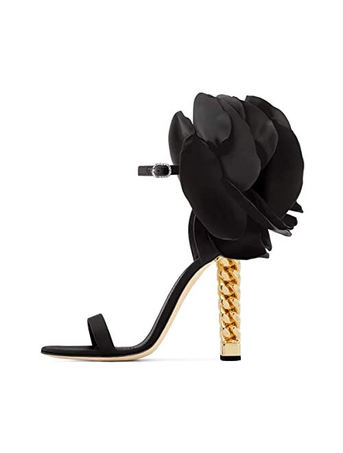 FSJ Women Flower Gold Metal Chain Chunky High Heels Ankle Strap Sandals Open Toe Fashion Shoes Size 4-15 US