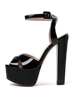 Eldof Women's Platform Sandals Ankle Strap 5" High Heels Cross Strap Chunky Heel Sandals for Party Wedding Dress
