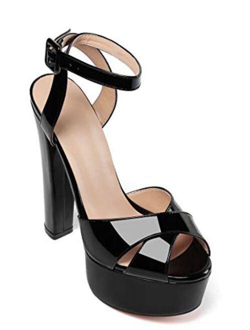 Eldof Women's Platform Sandals Ankle Strap 5" High Heels Cross Strap Chunky Heel Sandals for Party Wedding Dress