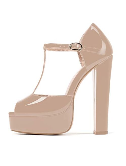 Eldof Women's Ankle Strap Peep Toe Platform Chuncky High Heel Sandals T-Strap Squre Toe Party Dress Casual Shoes