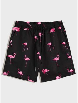 Men Drawstring Waist Flamingo Print Shorts