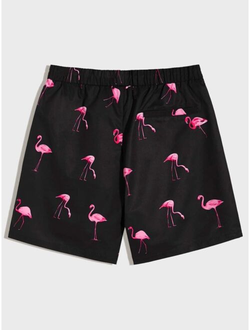 Shein Men Drawstring Waist Flamingo Print Shorts
