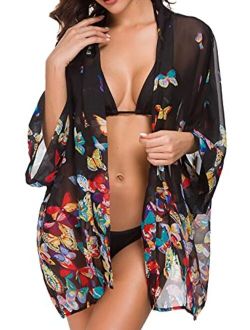 WEIYAN Women's Tops Loose Chiffon Kimono Cardigan Beach Swim Cover up Blouse