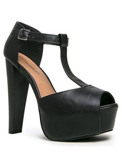 Breckelle's Women's Brina Peep Toe High Heel T-Strap Platform Sandals