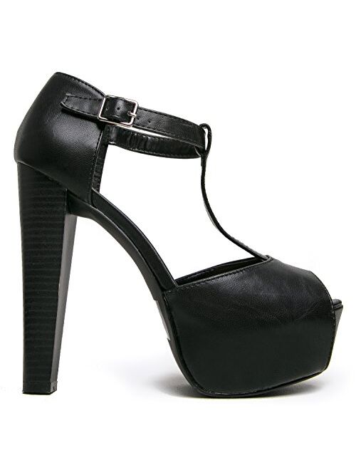 Breckelle's Women's Brina Peep Toe High Heel T-Strap Platform Sandals