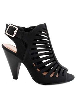 Womens Cut Out Strappy Buckle Sling Back Chunky High Heel Sandals