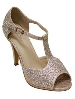 Bella Marie Shania-11 Women's peep Toe Rhinestone Glitter T- Strap Dance Sandals