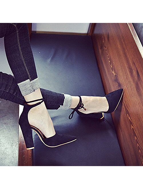 Huiyuzhi Womens Ankle Buckle Chunky Heeled Sandals Pointed Toe Strappy Summer Pumps