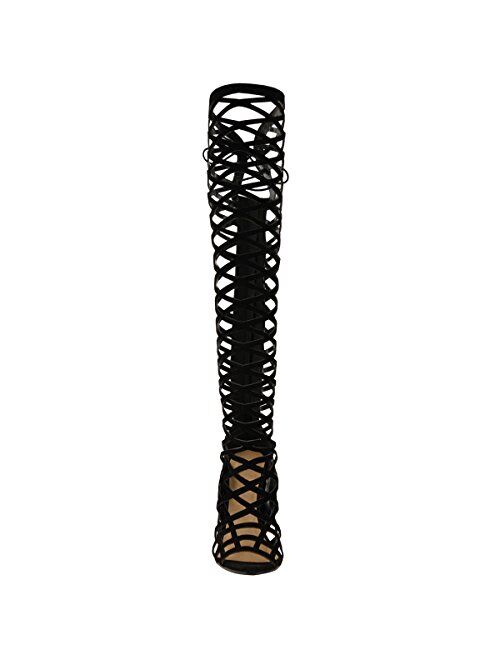 Fashion Thirsty Womens Cut Out Lace Knee High Heel Boots Gladiator Sandals Strappy Size