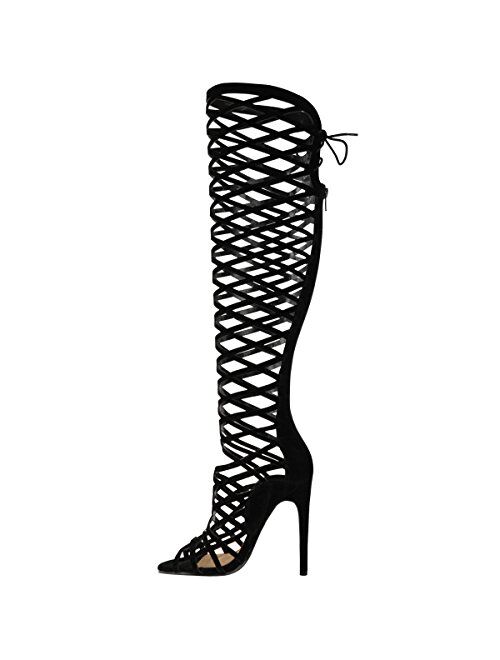 Fashion Thirsty Womens Cut Out Lace Knee High Heel Boots Gladiator Sandals Strappy Size