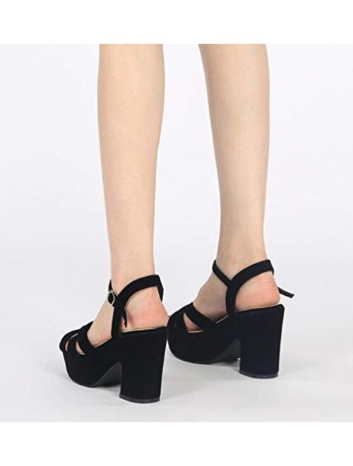WSKEISP Women's Open Toe Ankle Strap Chunky Block Heels Platform Wedge Sandals