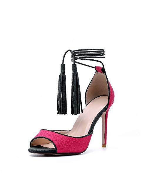 Women's Dress Sandals, Fashion High Heels, Fringed Lace-up Sandals Red Yellow