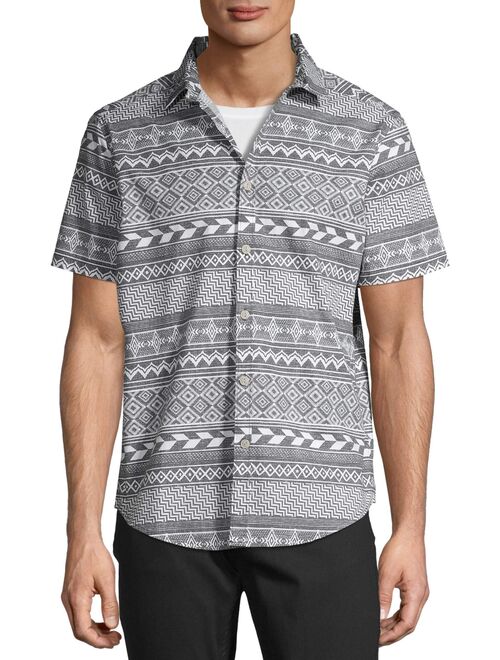 No Boundaries Men's Tribal Print Short Sleeve Button-up Shirt, up to Size 3XL