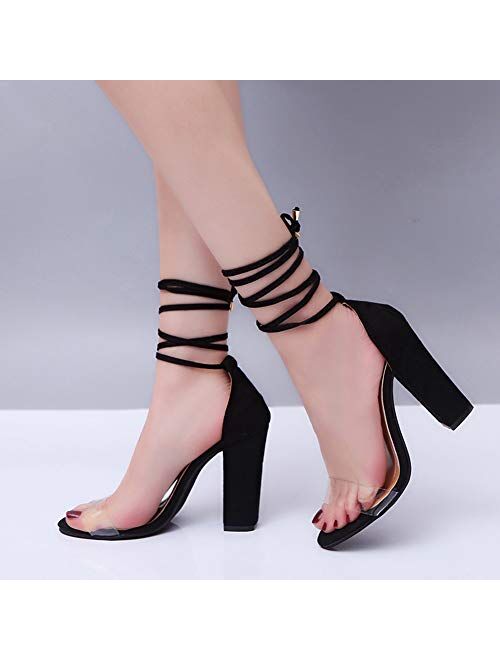chegong Women's Gladiator Ankle Strap Lace Up Open Toe Clear Chunky High Heel Sandals