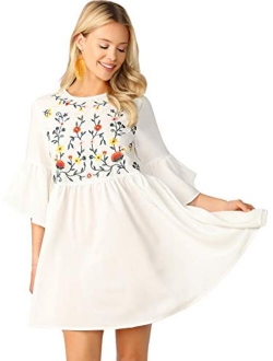 Women's Embroidered Floral Bell Sleeve A Line Tunic Dress