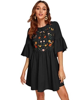Women's Embroidered Floral Bell Sleeve A Line Tunic Dress