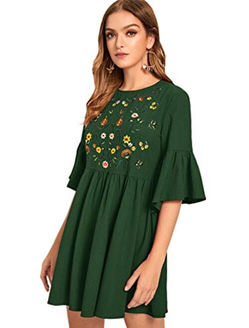 Floerns Women's Embroidered Floral Bell Sleeve A Line Tunic Dress