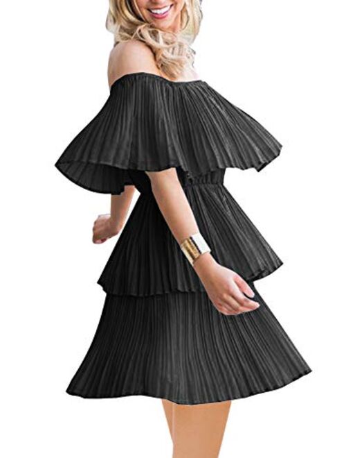 Soesdemo Women's Casual Off The Shoulder Sleeveless Tiered Ruffle Pleated Short Party Beach Dress